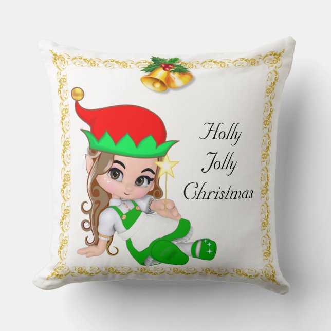 Christmas Fairy Dressed in Green & Golden Bells Cushion (Front)