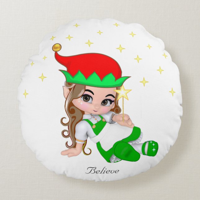 Christmas Fairy Dressed in Green & Stars Round Cushion (Front)