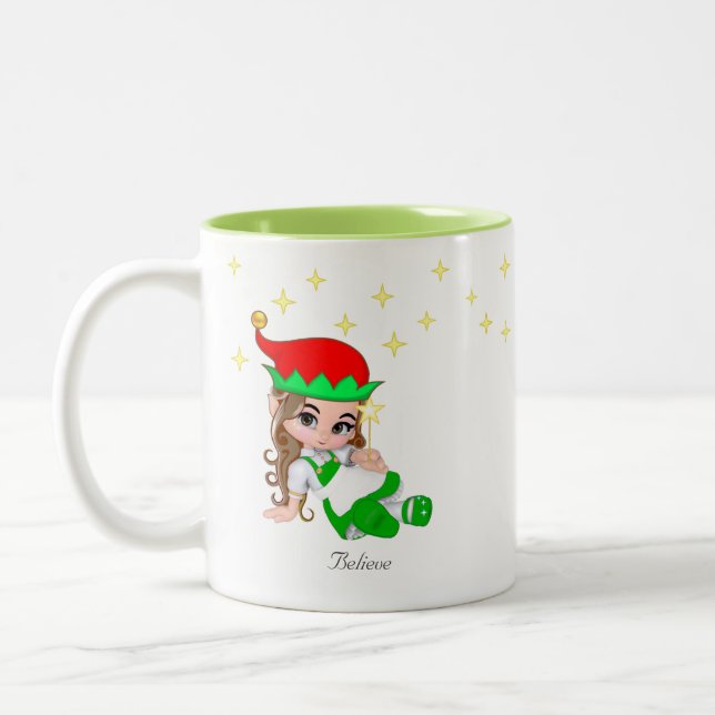 Christmas Fairy Dressed in Green & Stars Two-Tone Coffee Mug (Left)
