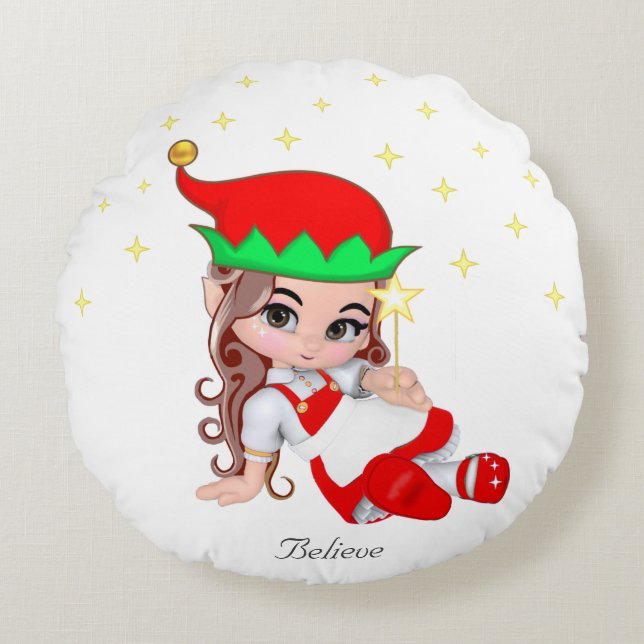 Christmas Fairy Dressed in Red & Stars Round Cushion (Front)