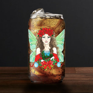 Christmas Fairy Fantasy Holly Bells Poinsettias Can Glass