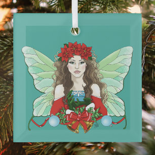 Christmas Fairy Fantasy Holly Bells Poinsettias Glass Tree Decoration