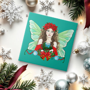 Christmas Fairy Fantasy Holly Bells Poinsettias Tile