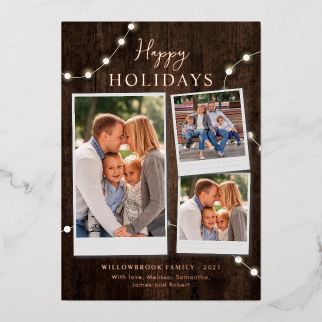 Christmas Fairy Lights Family Photos Rose Gold Foil Holiday Card (Front)