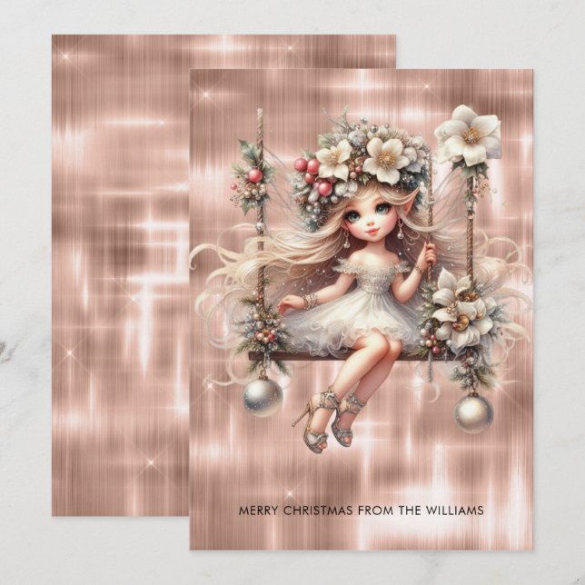 Christmas Fairy on Sparkle Rose Gold Background Holiday Card (Front/Back)