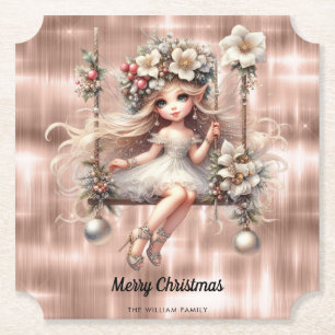 Christmas Fairy on Sparkle Rose Gold Background Paper Coaster