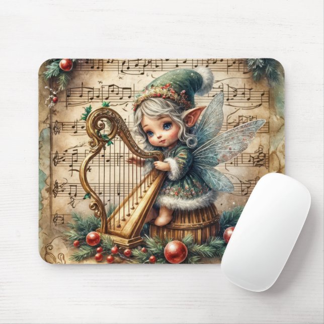 Christmas Fairy Playing a Harp Mouse Mat (With Mouse)