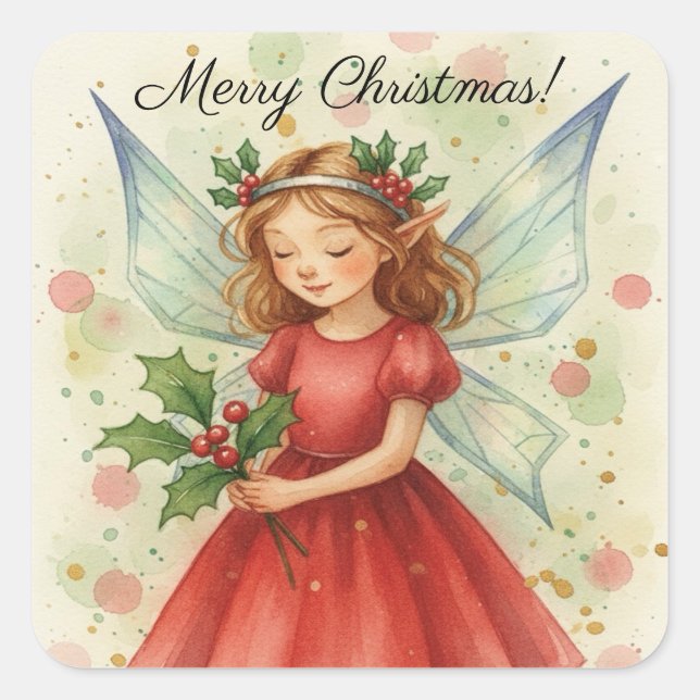 Christmas Fairy Watercolor Art Square Sticker (Front)