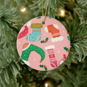 Christmas falalala pink -Stockings  Ceramic Tree Decoration