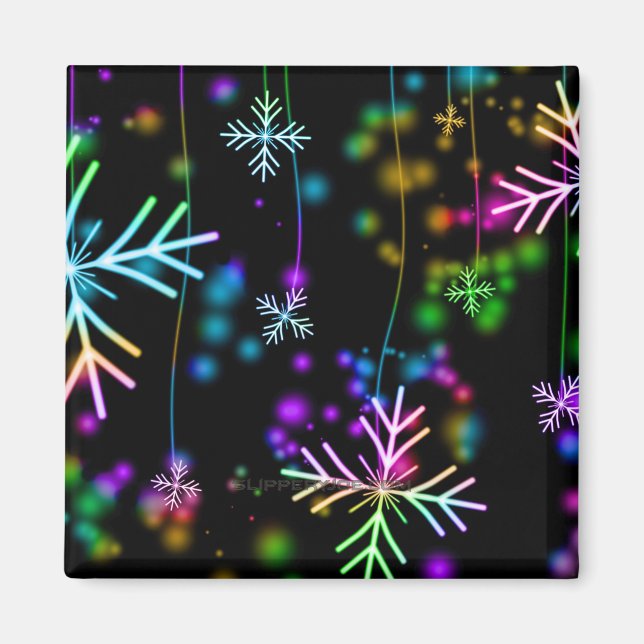 Christmas falling rainbow coloured snowflakes Slip Magnet (Front)