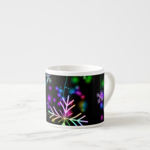 Christmas falling various neon colours snowflakes  espresso cup