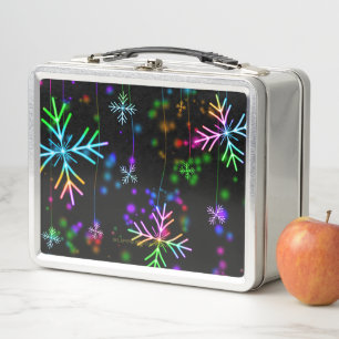 Christmas falling various neon colours snowflakes  metal lunch box