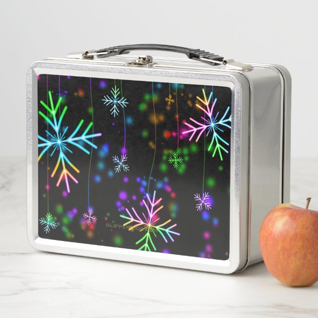Christmas falling various neon colours snowflakes  metal lunch box (In Situ)