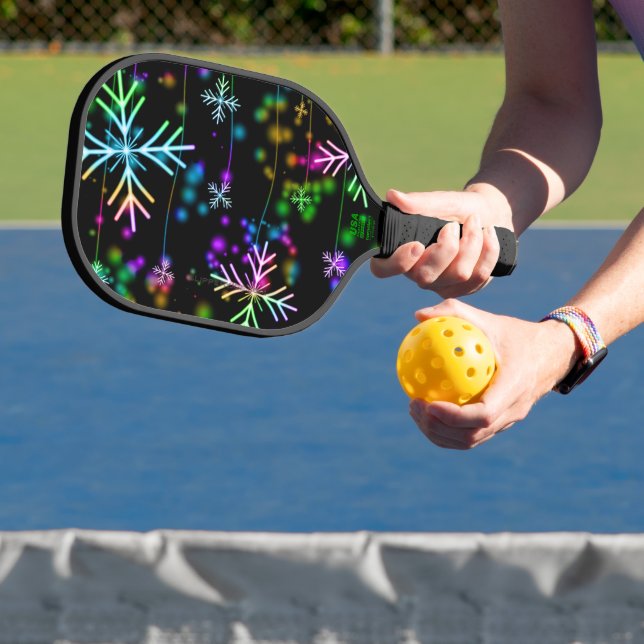 Christmas falling various neon colours snowflakes  pickleball paddle (Insitu)