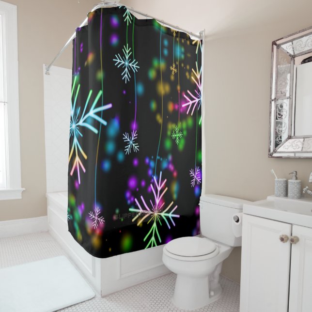 Christmas falling various neon colours snowflakes  shower curtain (In Situ)
