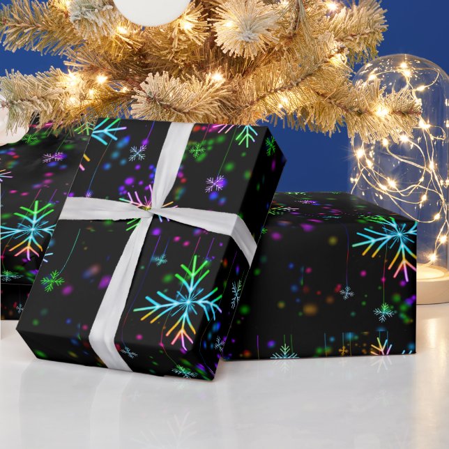 Christmas falling various neon colours snowflakes  wrapping paper (Holidays)