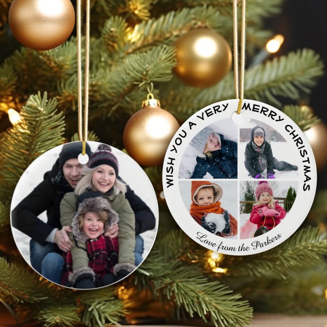 Christmas Family 5 Photo Collage Holiday Greeting Ceramic Tree Decoration (Creator Uploaded)