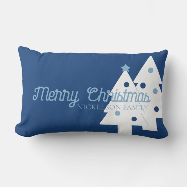 Christmas Family Blue and White Lumbar Pillow (Front)
