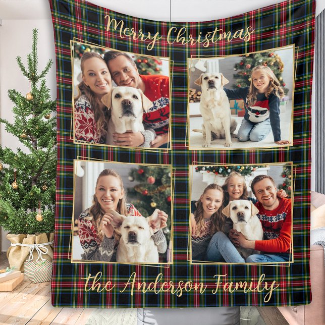Christmas Family Custom 4 Photos Holiday Plaid  Fleece Blanket (Creator Uploaded)