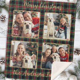 Christmas Family Custom 4 Photos Holiday Plaid  Sherpa Blanket