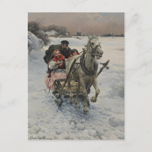 Christmas Family in One Horse Sleigh Holiday Postcard (Front)