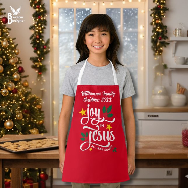 Christmas Family JOY IN JESUS Custom Christian  Apron (Red personalized JOY IN JESUS matching family apron with typography and customizable name)