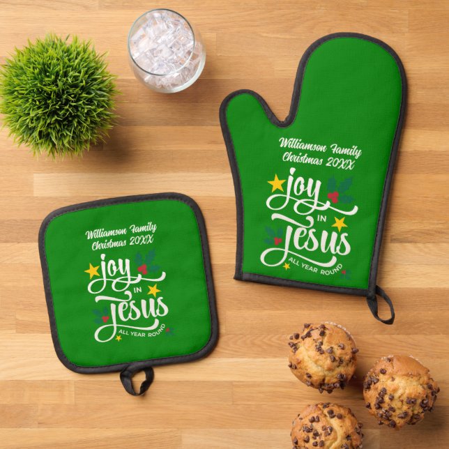 Christmas Family JOY IN JESUS Custom Christian  Oven Mitt & Pot Holder Set (Top Down)