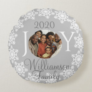 Christmas Family "JOY" Silver White Snowflake V Round Cushion