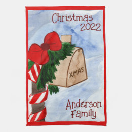Christmas Family Mailbox Candy Cane Greenery Tea Towel