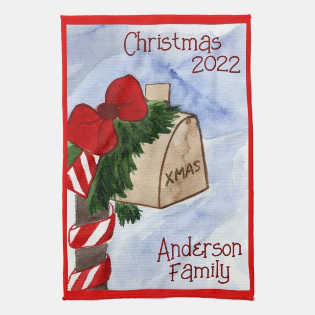 Christmas Family Mailbox Candy Cane Greenery Tea Towel (Vertical)