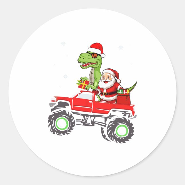 christmas family matching santa truck dinosaur boy classic round sticker (Front)
