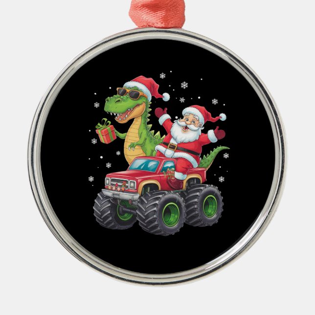 Christmas Family Matching Santa Truck Dinosaur  Metal Tree Decoration (Front)