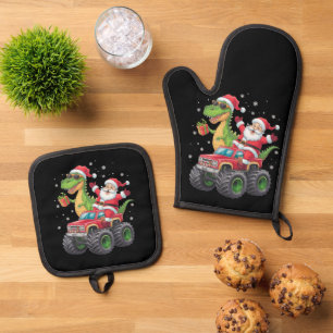 Christmas Family Matching Santa Truck Dinosaur Oven Mitt & Pot Holder Set
