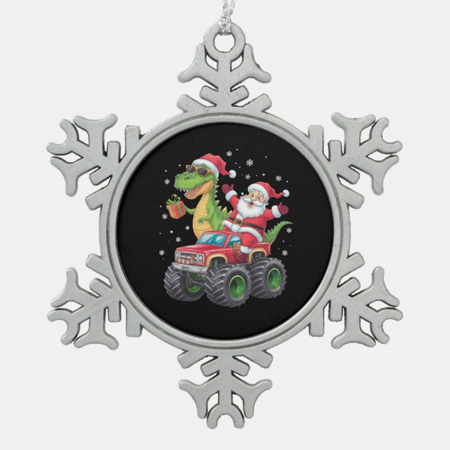 Christmas Family Matching Santa Truck Dinosaur  Snowflake Pewter Christmas Ornament (Front)