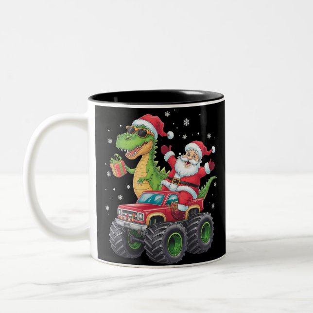 Christmas Family Matching Santa Truck Dinosaur  Two-Tone Coffee Mug (Left)