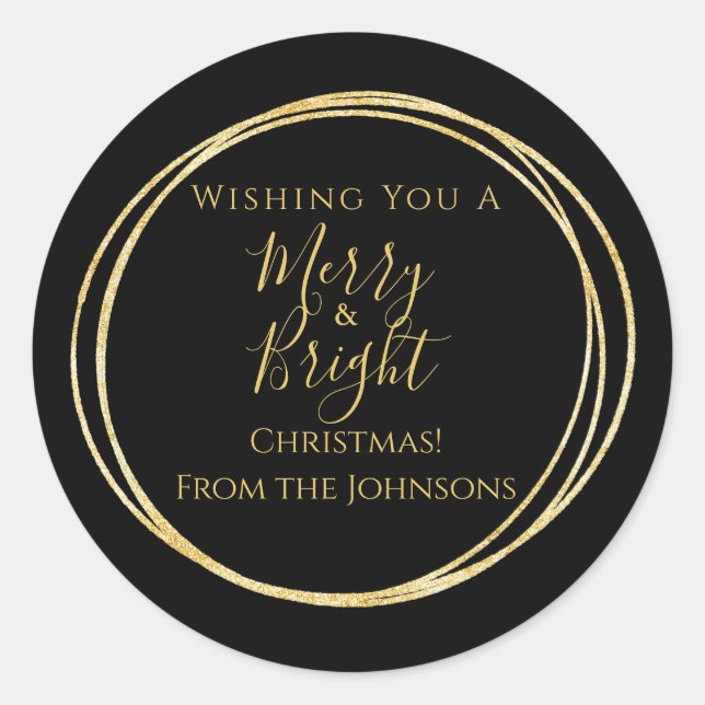 Christmas Family Merry and Bright Black Gold Classic Round Sticker (Front)