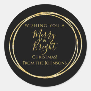 Christmas Family Merry and Bright Black Gold Classic Round Sticker