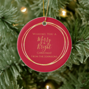 Christmas Family Merry and Bright Red Gold Ceramic Tree Decoration