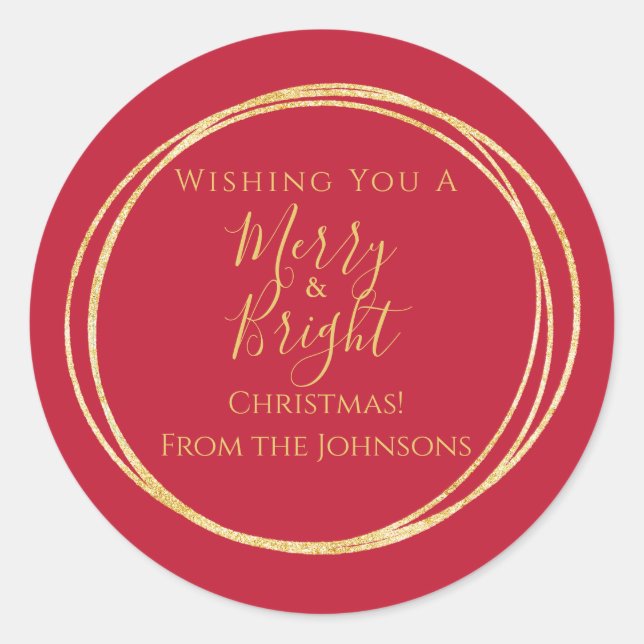 Christmas Family Merry and Bright Red Gold Classic Round Sticker (Front)