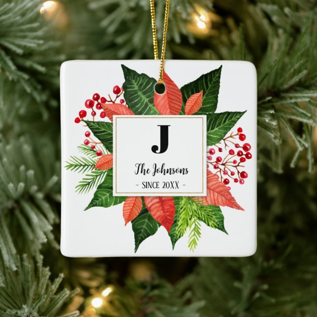 Christmas Family Monogram Photo Ceramic Ornament (Tree)