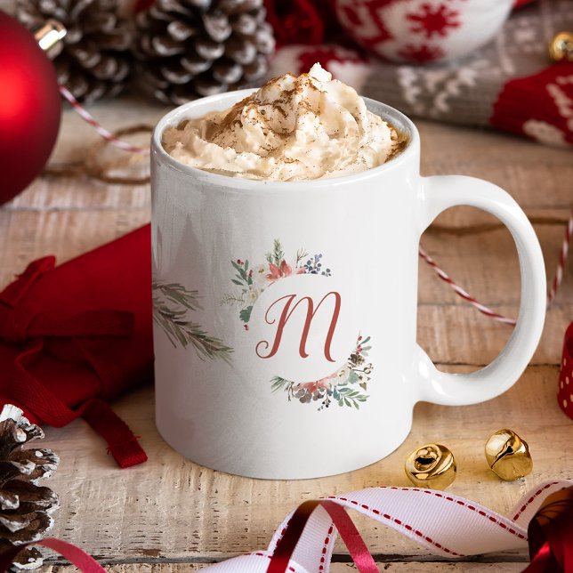Christmas Family Monogram Watercolor Floral Coffee Mug (Creator Uploaded)