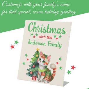 Christmas family name cat and tree red green pedestal sign