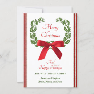 Christmas Family Name Festive Holly Wreath Bow Holiday Card