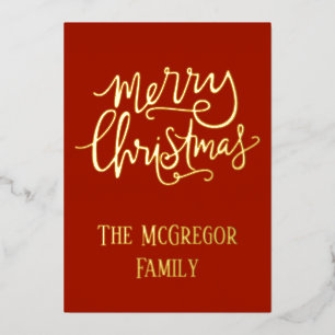Christmas Family Name Gold Red Foil Holiday Card