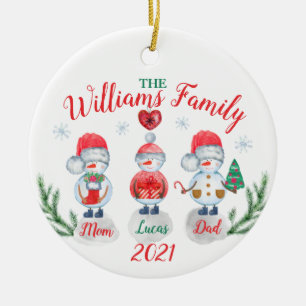 Christmas family name kids Snowman watercolor Ceramic Tree Decoration