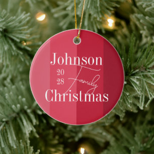 Christmas Family Name Modern Red Stripes Ceramic Tree Decoration