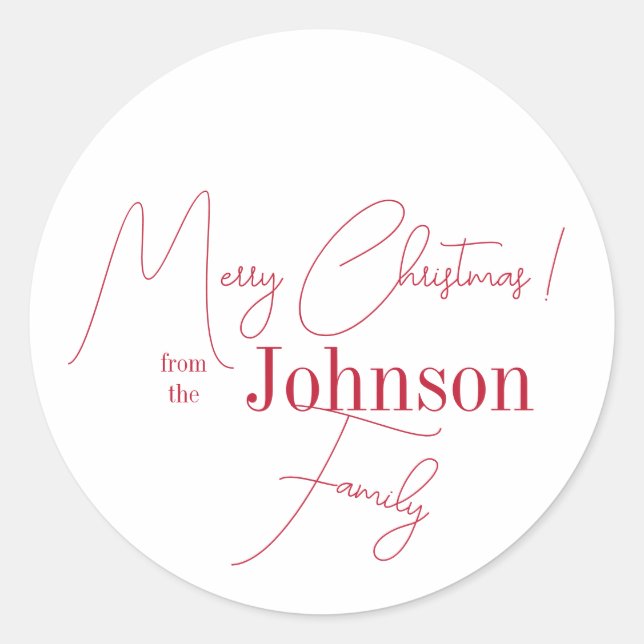 Christmas Family Name Red and White Classic Round Sticker (Front)
