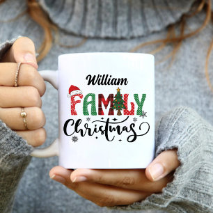 Christmas Family Name Tree Modern Script Green Red Two-Tone Coffee Mug