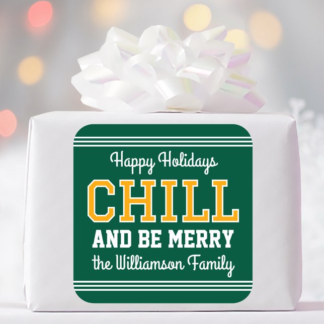 Christmas Family Name Typography Green Yellow Square Sticker (Creator Uploaded)