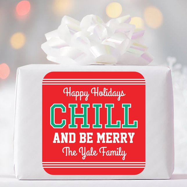 Christmas Family Name Typography Red Green Square Sticker (Creator Uploaded)